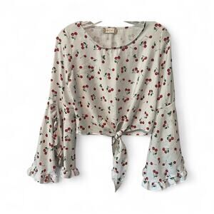 Altar'd State Cherry Print Tiefront Bell Sleeves Top Sz XS
